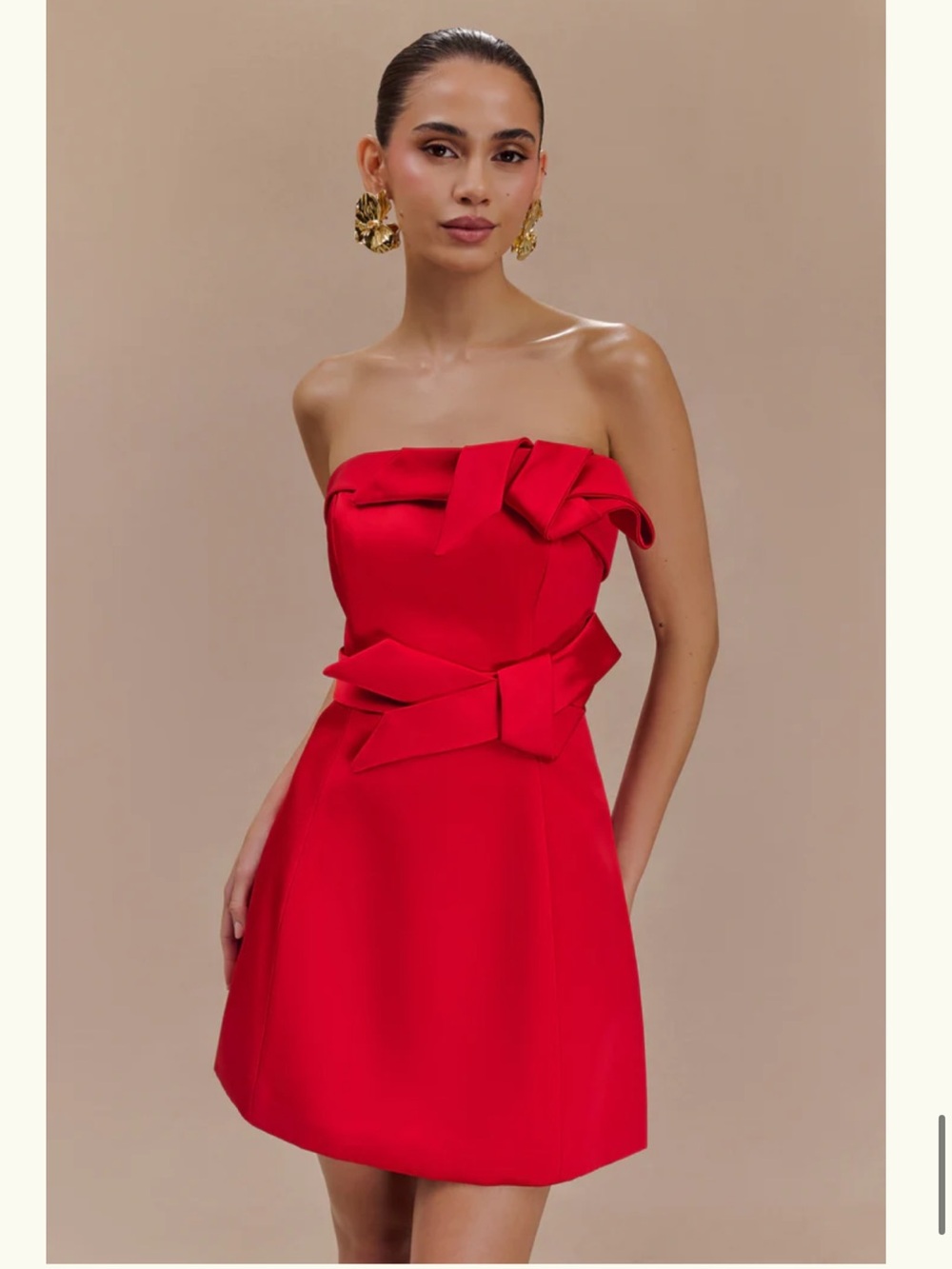 Meshki Red Strapless Satin Mini Dress with Bow Accents